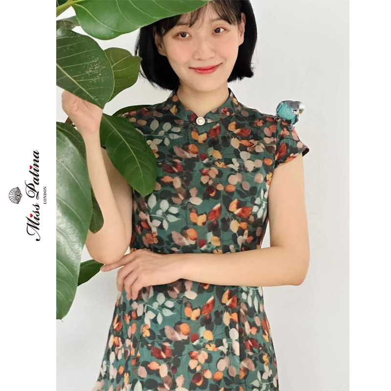 MP复古原创设计 中式立领叶子印花改良旗袍连衣裙新款夏