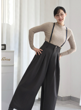 MP英伦复古 简约高腰阔腿裤女灰色A字设计感显瘦百搭送蓝色背带