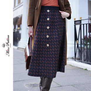 MP英伦复古装饰主义花纹针织半裙女秋冬A字中长款排扣百搭显瘦