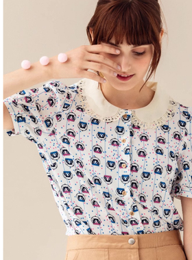MissPatina复古原创设计 娃娃领猫咪印花泡泡袖短袖衬衫