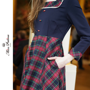 MP英伦复古原创 格纹拼接连衣裙女学院风方领长袖中长款气质裙