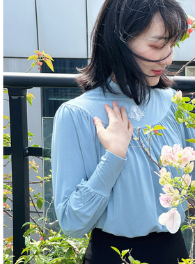 MP古典爱德华风格蕾丝猫咪灯笼袖莫代尔长袖上衣打底衫秋冬上新