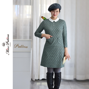 MP英伦复古原创摩登风绿色几何纹连衣裙女八分袖翻领通勤中款早春