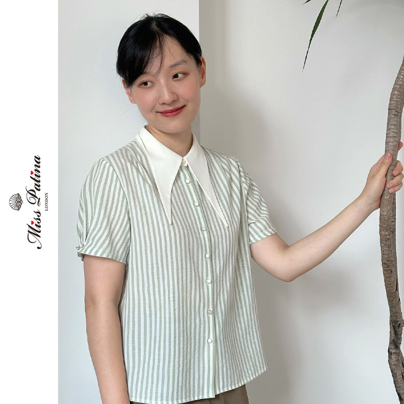 MP学院风精灵领清新条纹短袖衬衫