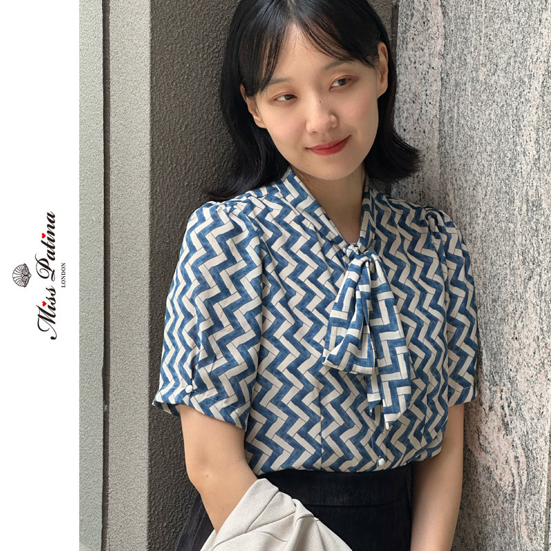 MP折线纹系带短袖衬衫夏季女士