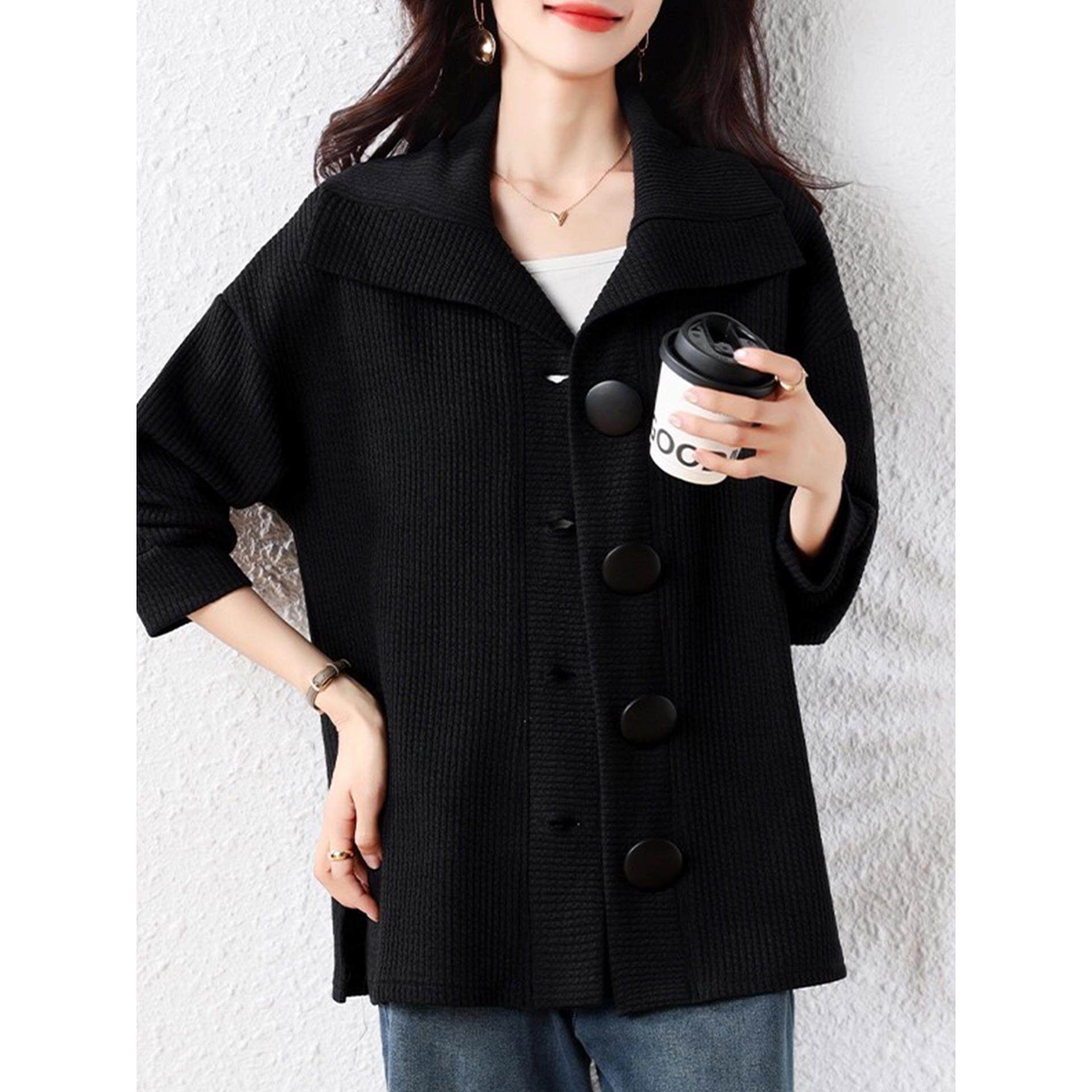 ROUMIKL黑色针织开衫外套女士秋季巨好看的独特漂亮中长款遮屁股