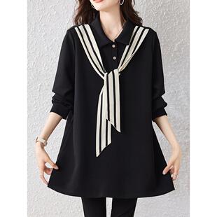 ROUMIKL黑色polo领正肩卫衣女士早秋巨好看的宽松慵懒风中长款遮