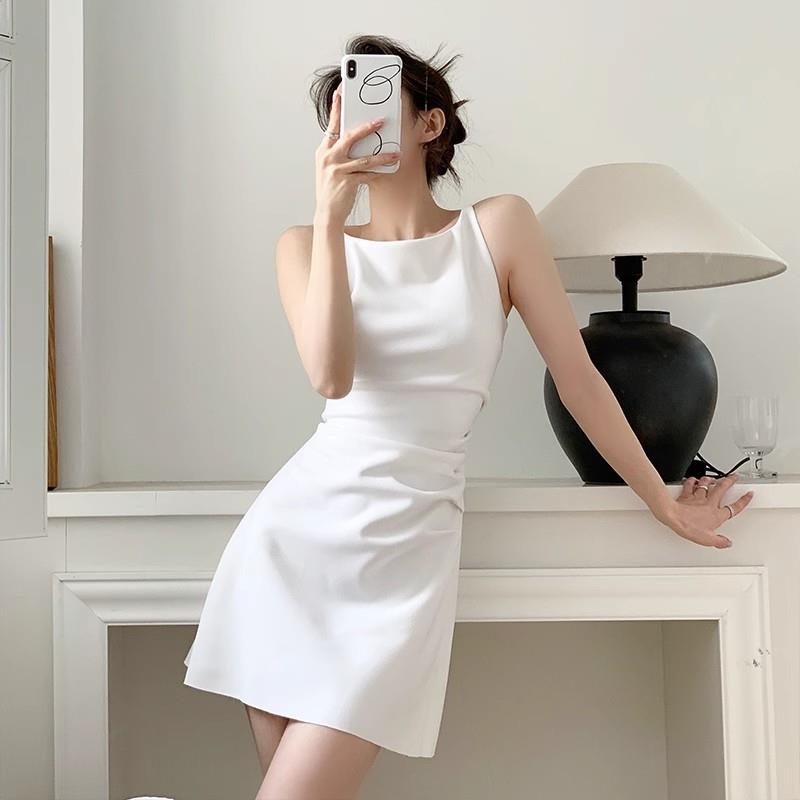 RIERA短款法式简约白色一字肩吊带小礼服气质修身连衣裙子女