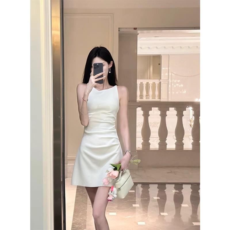 RIERA长短款法式简约黑白色一字肩吊带小礼服气质修身连衣裙子女