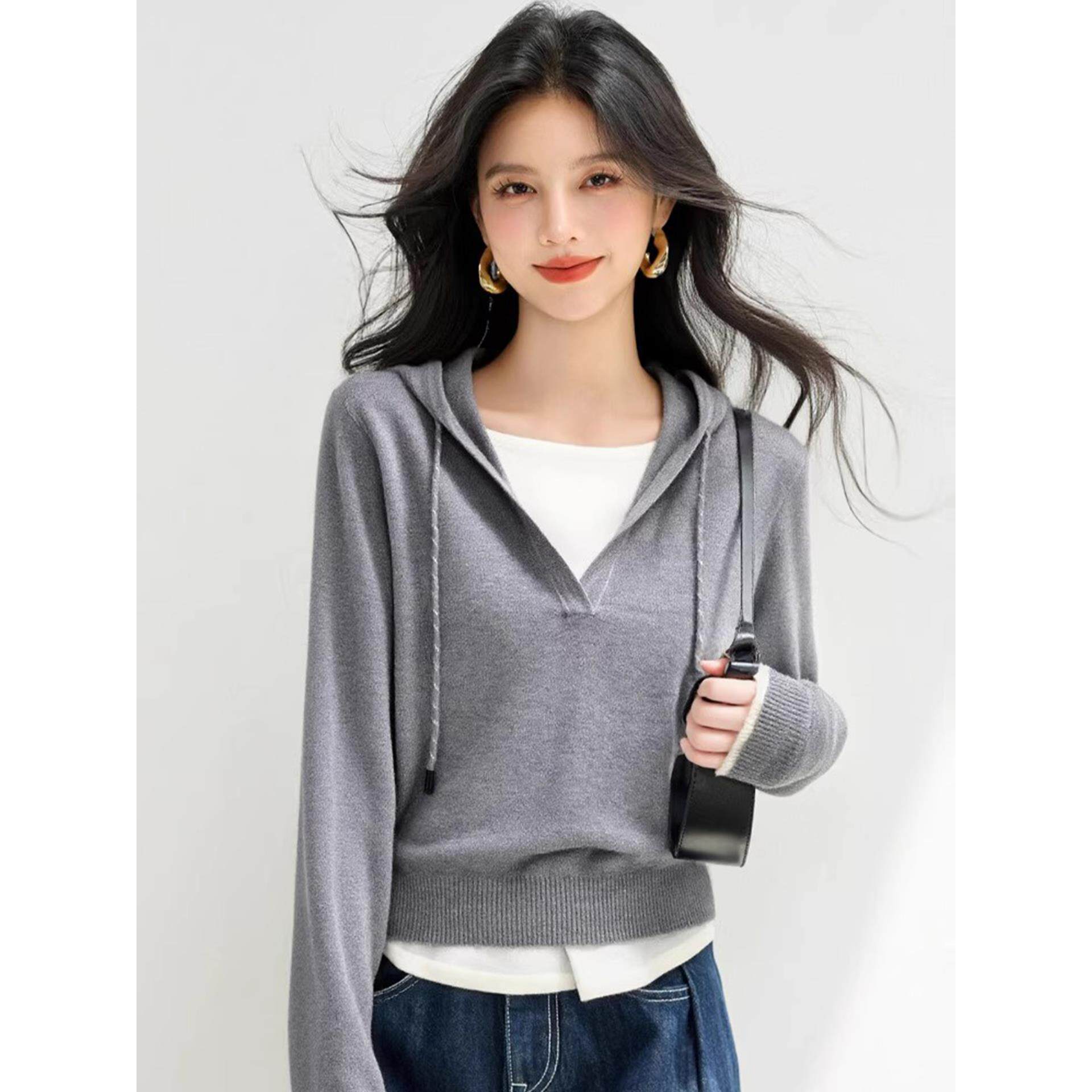 ROUMIKL假两件连帽针织衫女秋冬巨好看的高级感独特漂亮绝美灰色