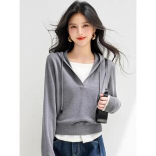 ROUMIKL假两件连帽针织衫女秋冬巨好看的高级感独特漂亮绝美灰色