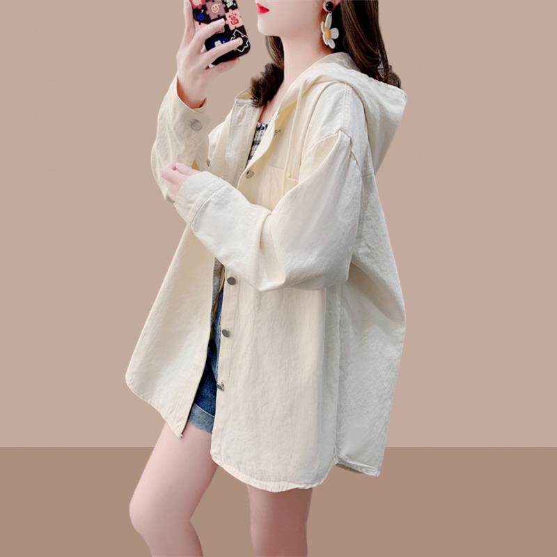 ROUMIKL大码粉色连帽牛仔衬衫外套女士春秋2025新款中长款遮屁股