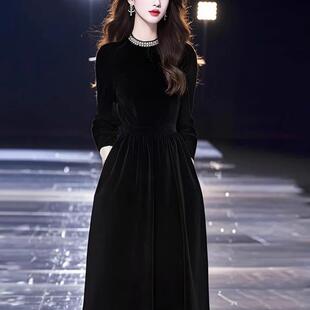 ROUMIKL法式赫本风金丝绒连衣裙女春秋大码显瘦收腰a字轻奢高级感