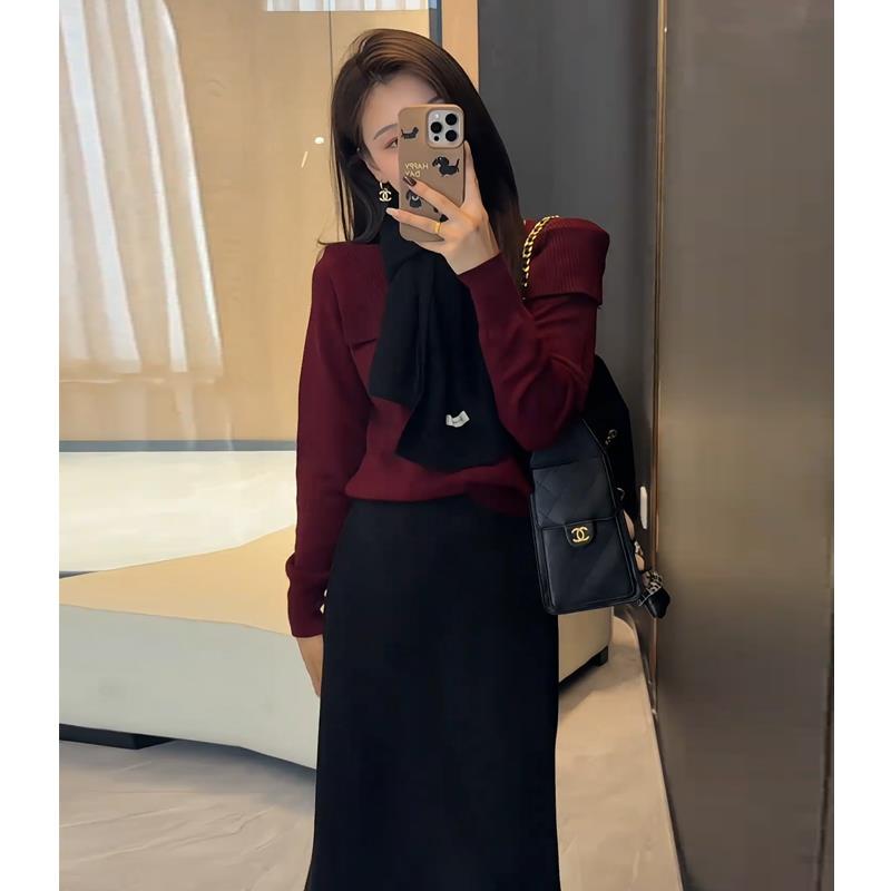 ROUMIKL早秋大方得体套装女2025新款氛围感一字领针织衫高腰半身