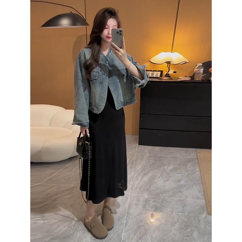 ROUMIKL秋装搭配一整套时尚2025新款港风覆古牛仔外套+吊带连衣裙