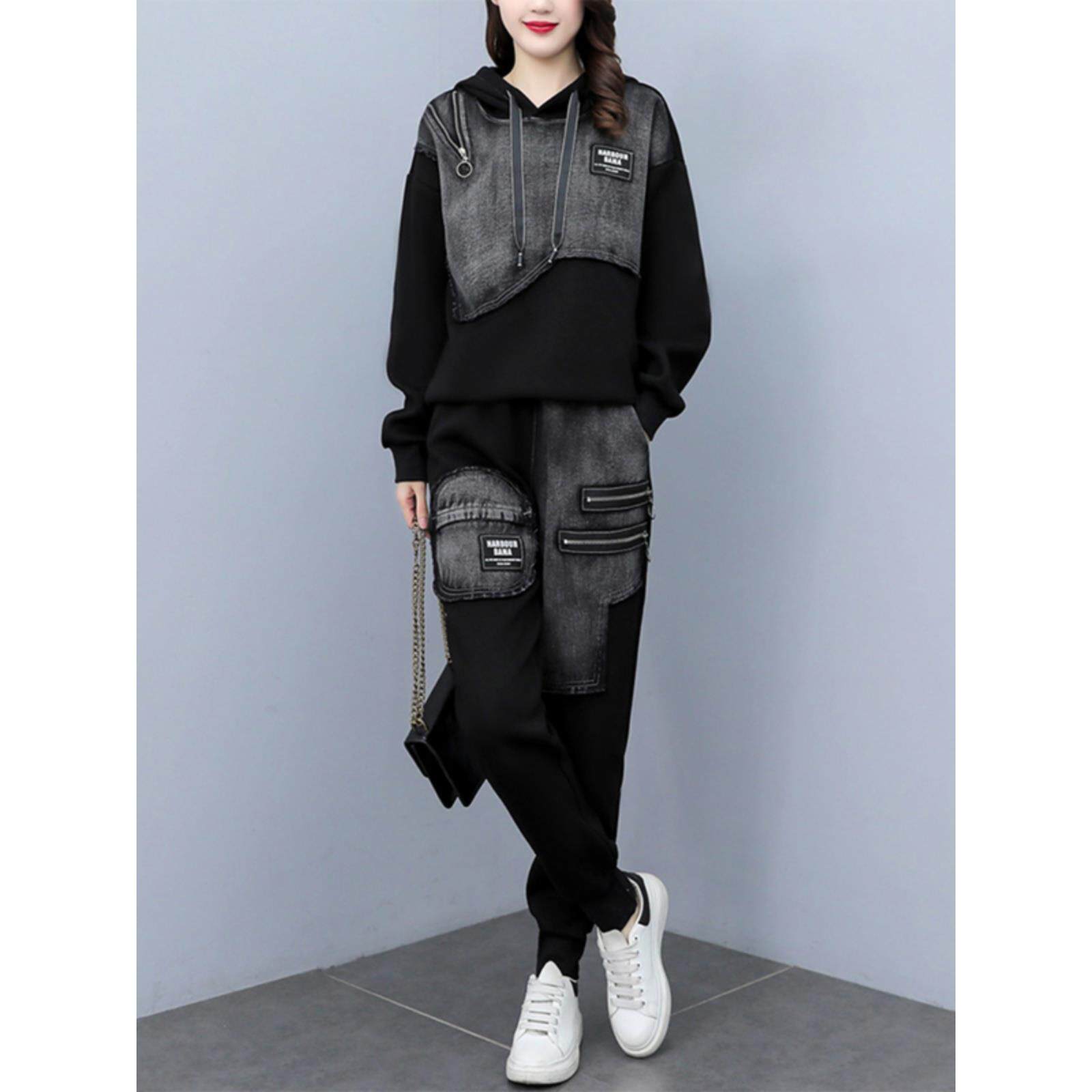 ROUMIKL大码胖MM休闲运动套装女士2025年秋季新款时尚气质牛仔卫