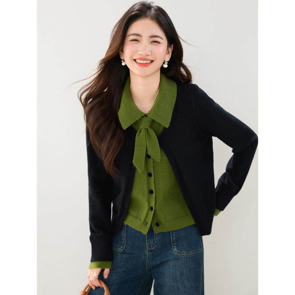 ROUMIKL黑色假两件针织开衫毛衣外套女士秋冬巨好看的高级感绝美