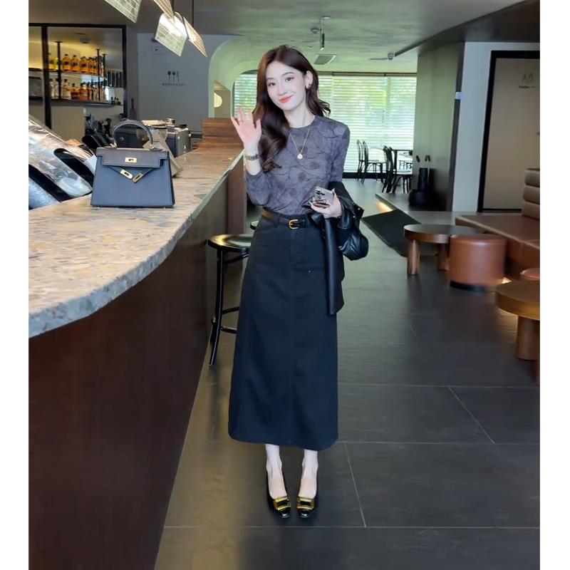 ROUMIKL大方得体穿搭一整套秋季新款法式复古晕染印花衬衫+半身裙