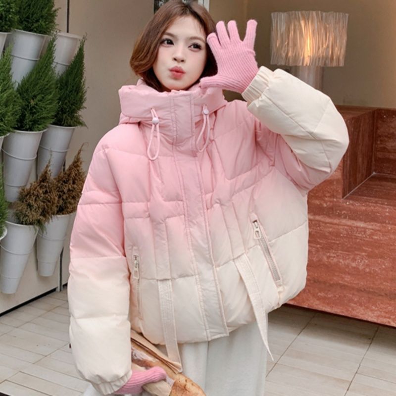 粉色渐变连帽羽绒棉服女