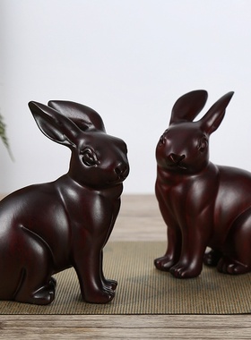 站兔子手工实木雕刻摆件十二生肖木质工艺品家居客厅礼品根雕