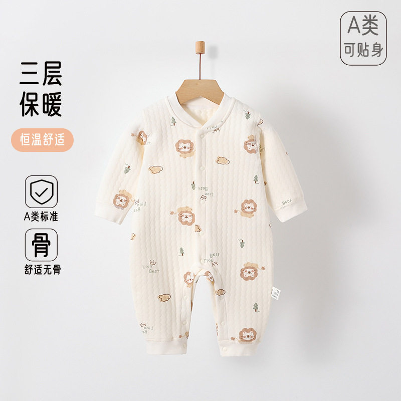 新生婴儿夹棉连体衣纯棉a类春秋薄棉满月宝宝衣服女秋冬加棉哈衣