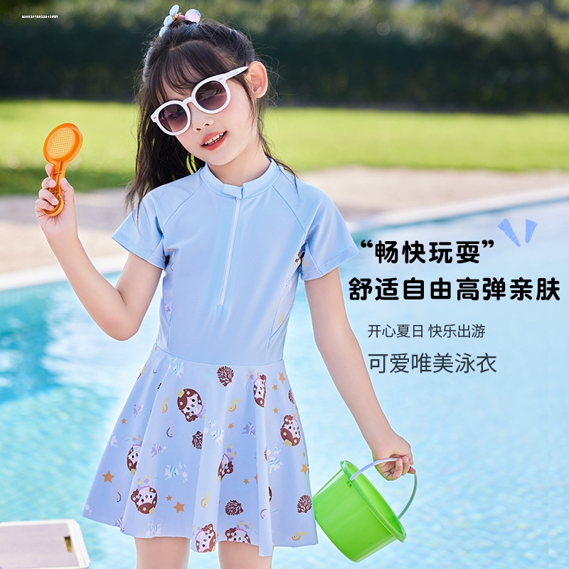 女童泳衣2025新款沙滩短袖防晒游泳衣海边度假速干女孩连体泳装