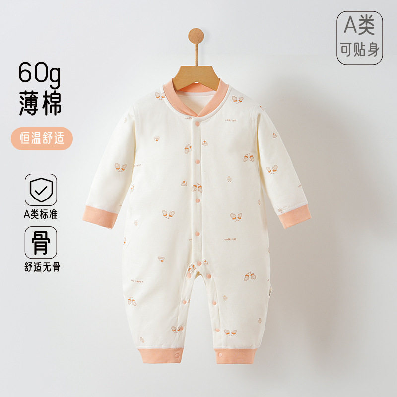 新生婴儿夹棉连体衣女宝宝薄棉哈衣秋冬季纯棉初生40克和尚服爬服