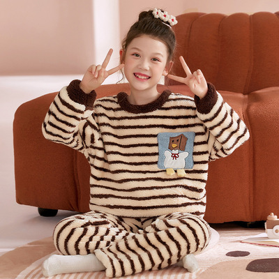 女童睡衣冬季2025新款女孩法兰绒加绒加厚可外穿珊瑚绒儿童家居服