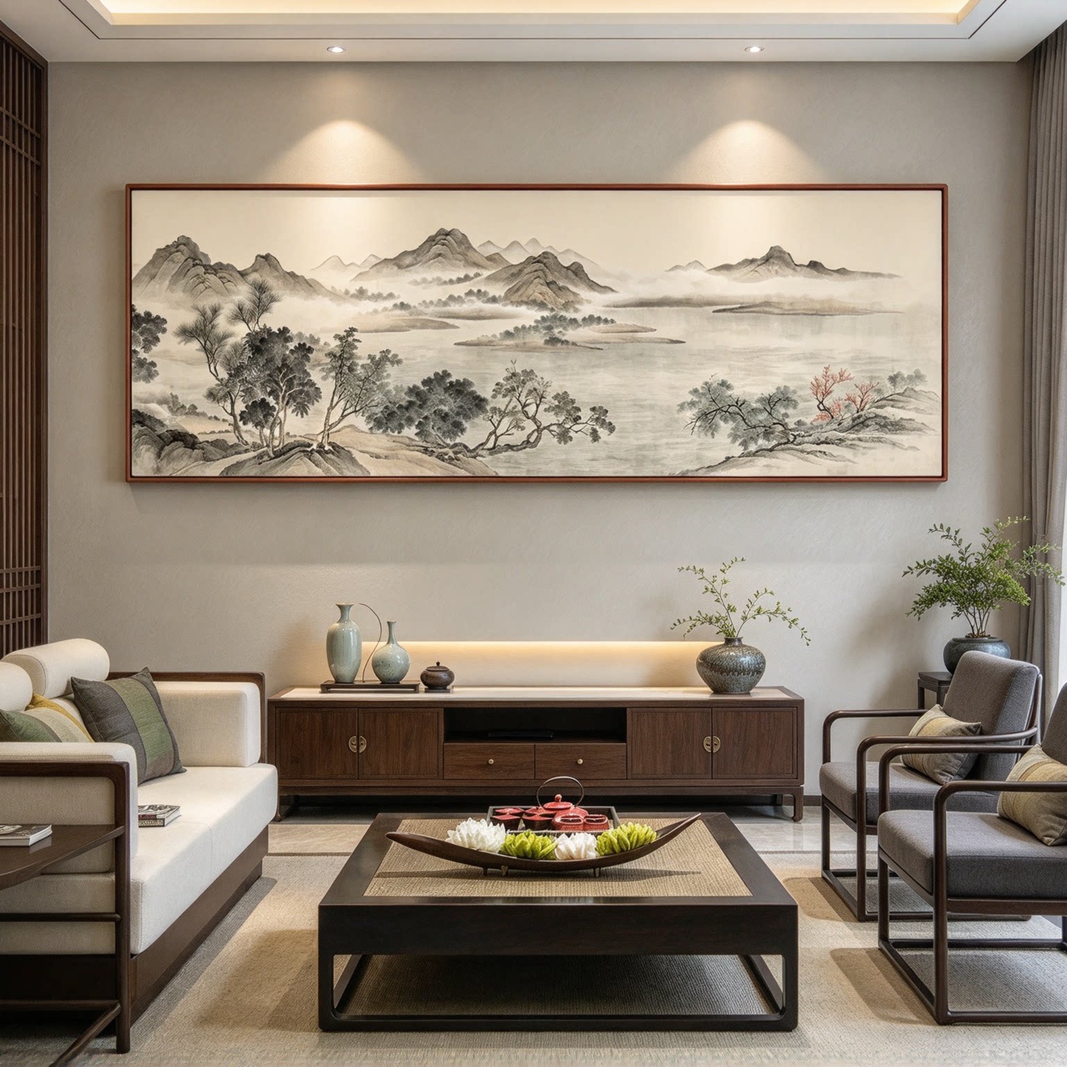 新中式沙发背景墙装饰画客厅风水靠山国画山水水墨挂画大尺寸壁画
