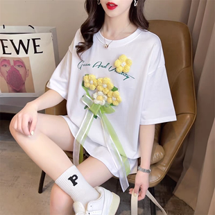 新款 立体花朵短袖 韩版 设计感上衣大码 t恤女潮 宽松中长款 2024夏季