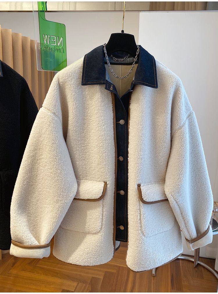 2025秋季新款韩版大码宽松显瘦百搭牛仔拼接羊羔毛外套女上衣潮流