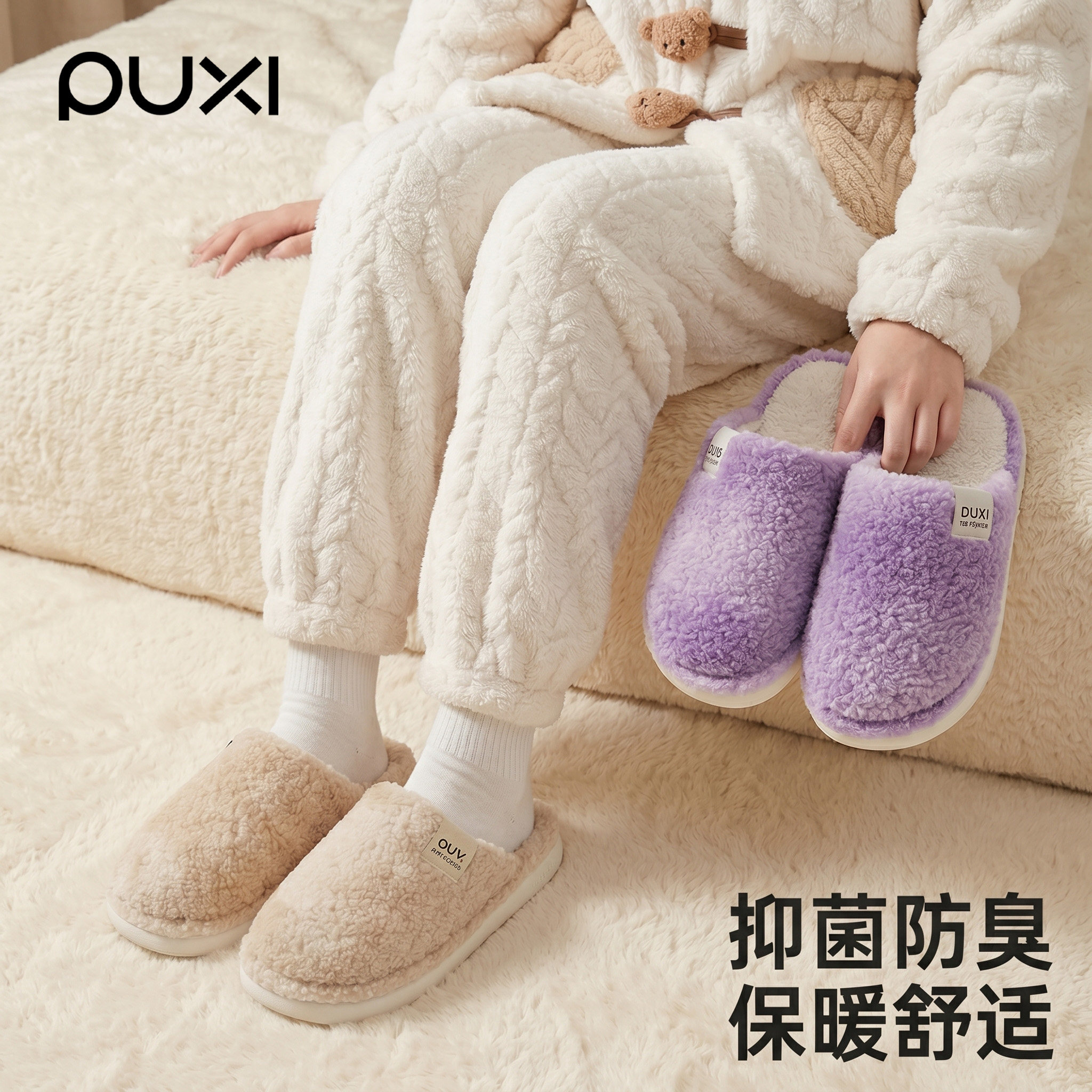 朴西隐树棉拖鞋女士情侣冬新款保暖短毛绒防滑软底居家情侣拖鞋男