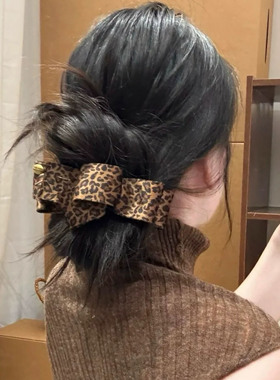 豹纹金标蝴蝶结发夹女