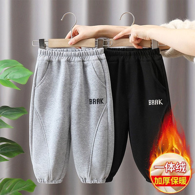 男童加绒裤子秋冬装儿童宝宝小童休闲裤幼儿园卫裤时尚薄绒一体绒