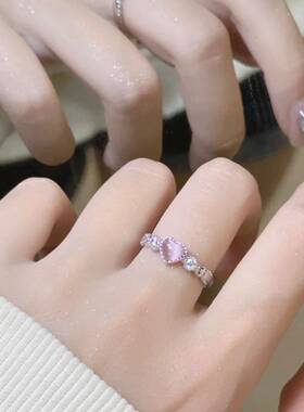 爱心彷猫眼石戒指女款甜美可ins小众设s感轻奢可爱调节计指环in风