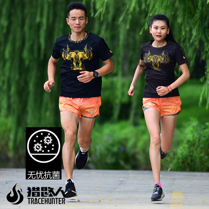 猎路人户外运动速干透气超轻抗菌夏季健身跑步套装女士黑T恤金牛
