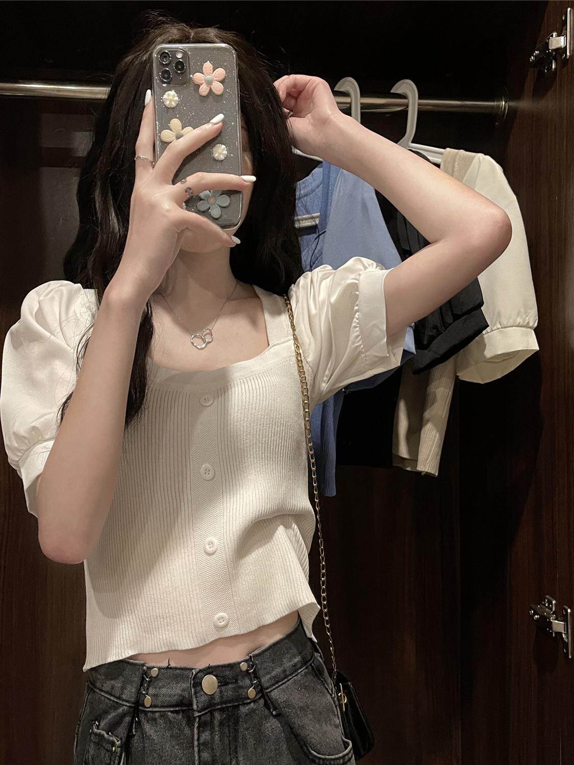 수유복 여름 반팔 티셔츠 2022 외출 시 더운 엄마를 위한 새로운 스타일 수유 상의 트렌디한 사각 직조 퍼프 슬리브 셔츠