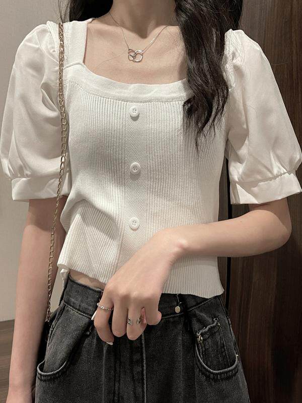 수유복 여름 반팔 티셔츠 2022 외출 시 더운 엄마를 위한 새로운 스타일 수유 상의 트렌디한 사각 직조 퍼프 슬리브 셔츠