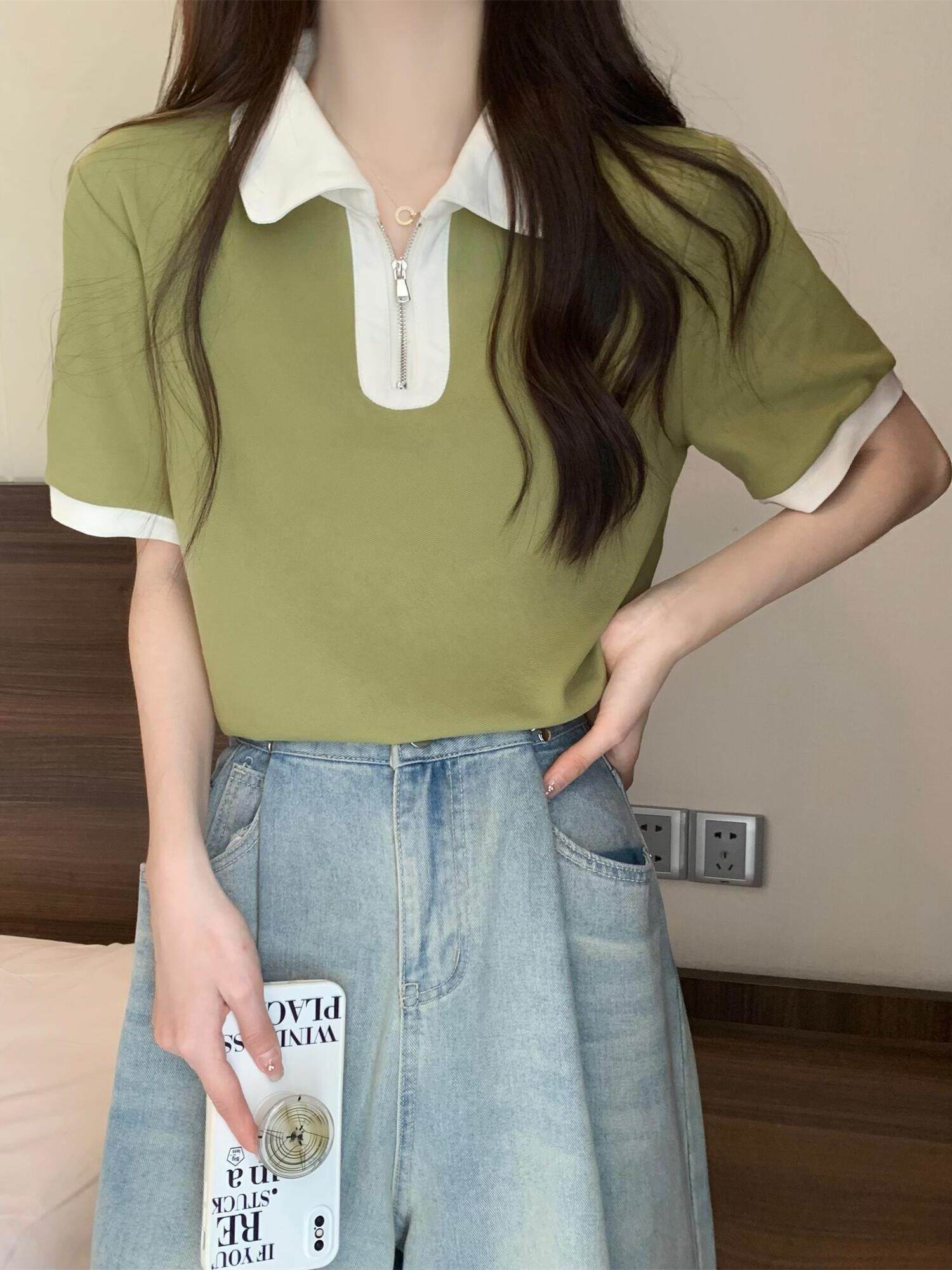 수유 상의 2023 새로운 여름 스타일 수유 기간 산후 나들이 뜨거운 엄마 스타일 티셔츠 오른쪽 어깨 폴로 칼라 수유 상의