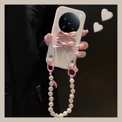 韩系粉色蝴蝶结适用vivox200promini手机壳x100s立体x90s挂链x80斜挎x70t可背x60t皮纹vivo仿皮日韩新款硅胶p