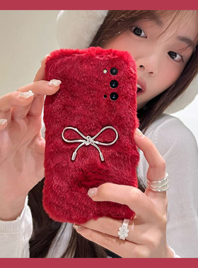 ins风蝴蝶结适用三星a90手机壳a80银色a70s立体a50秋冬季a30毛绒a20毛茸茸a10红色a52/a8s/galaxy/a53/f52软p