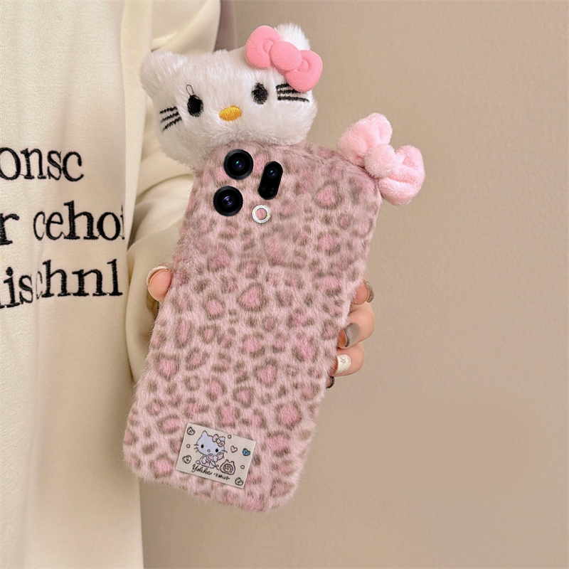 粉色豹纹kt猫适用oppofindx9plus手机壳fondx8蝴蝶结x50pro立体k12x秋冬季x7毛绒x6por/ultra/x5/x3/realme软