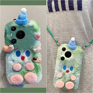 绿色帽子小怪兽适用华为pura80pro+手机壳pura70ultra斜挎p60art可背p40por+十p30秋冬季p20卡通p10plus毛绒