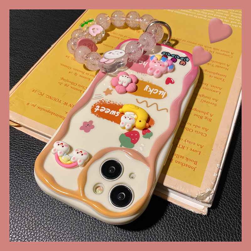 手机壳立体可爱涂鸦彩虹兔子卡通带挂链