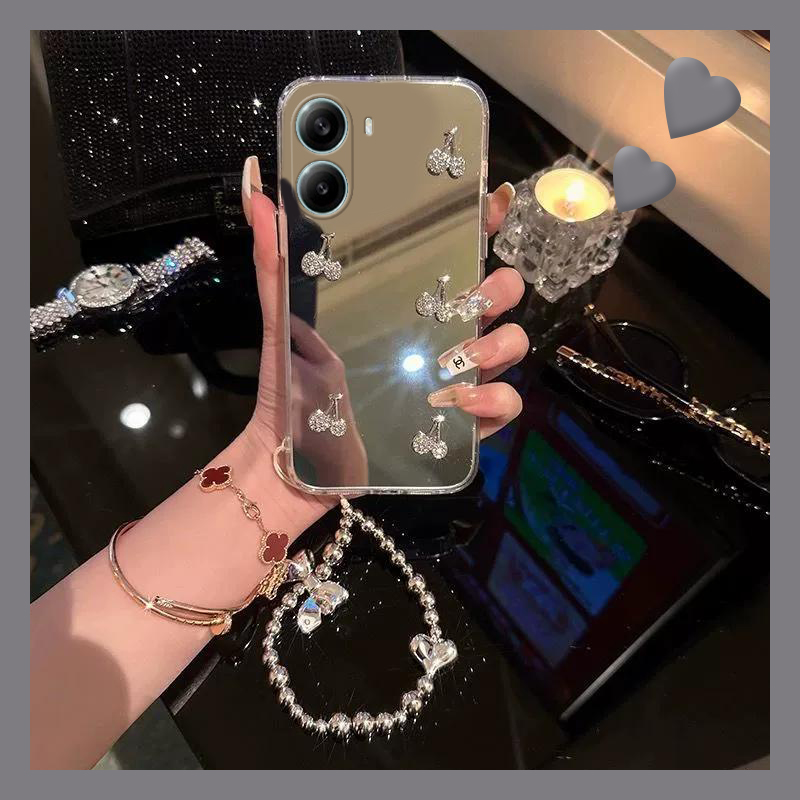 水钻立体樱桃适用小米红米turbo4手机壳note14pro手链3镜子13pro+十11t补妆镜10日韩9高级感8硅胶7镜面4g女5g