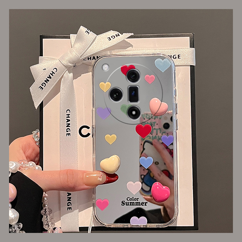 彩色满屏爱心适用oppofindx7ultra手机壳findx6挂链k12立体x3镜面x2镜子k10x硅胶k7x日韩k9s小众oppo补妆镜软
