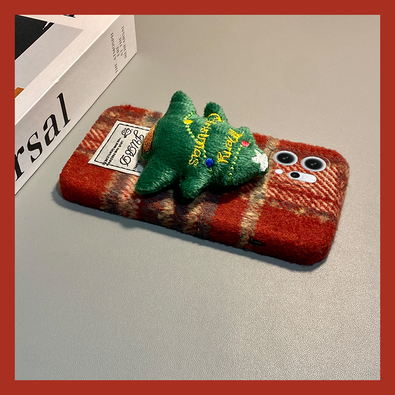 ins风红色格纹适用opporeno15手机壳reon14立体13圣诞树12pro秋冬11秋冬季10por+毛茸茸9绒布7se/5k/4se/oppo