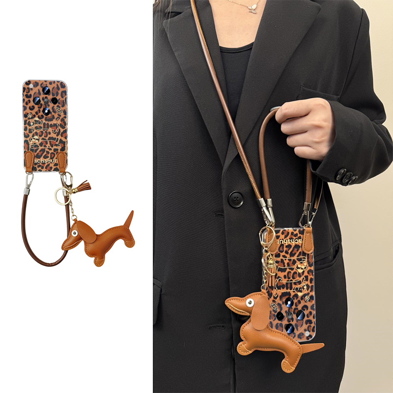 棕色豹纹腊肠狗适用oppofindx8手机壳真我x50pro挂件k12x斜挎x7可背带realme挂绳findx6pro硅胶ultra软x5/x3