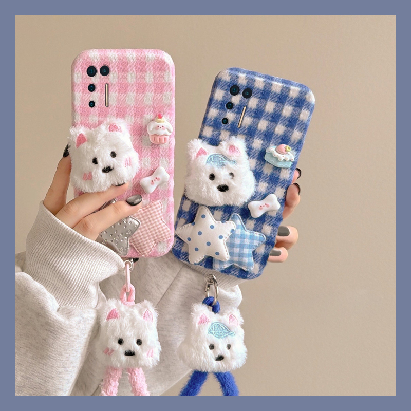 拼色格子西高地适用坚果pro3手机壳pro2小狗pro2s挂绳r2秋冬季r1硅胶por毛绒毛茸茸全包防摔暖手绒布卡通立体