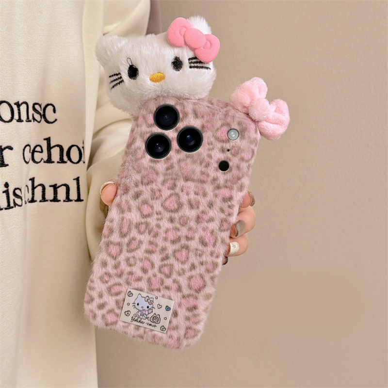粉色豹纹kt猫适用苹果17air手机壳iphone16promax蝴蝶结15plus立体14秋冬季13mini迷你12毛绒11软xr8/7xsmax6